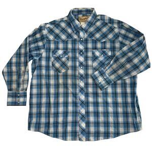 Wrangler Western Pearl Snap Shirt Blue/Black/Cream Windowpane Plaid Size 2XL